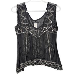 Vtg deb Tank Top Womens Small Black Bead Shark Bite Hem Scoop Neck Sheer Sequins